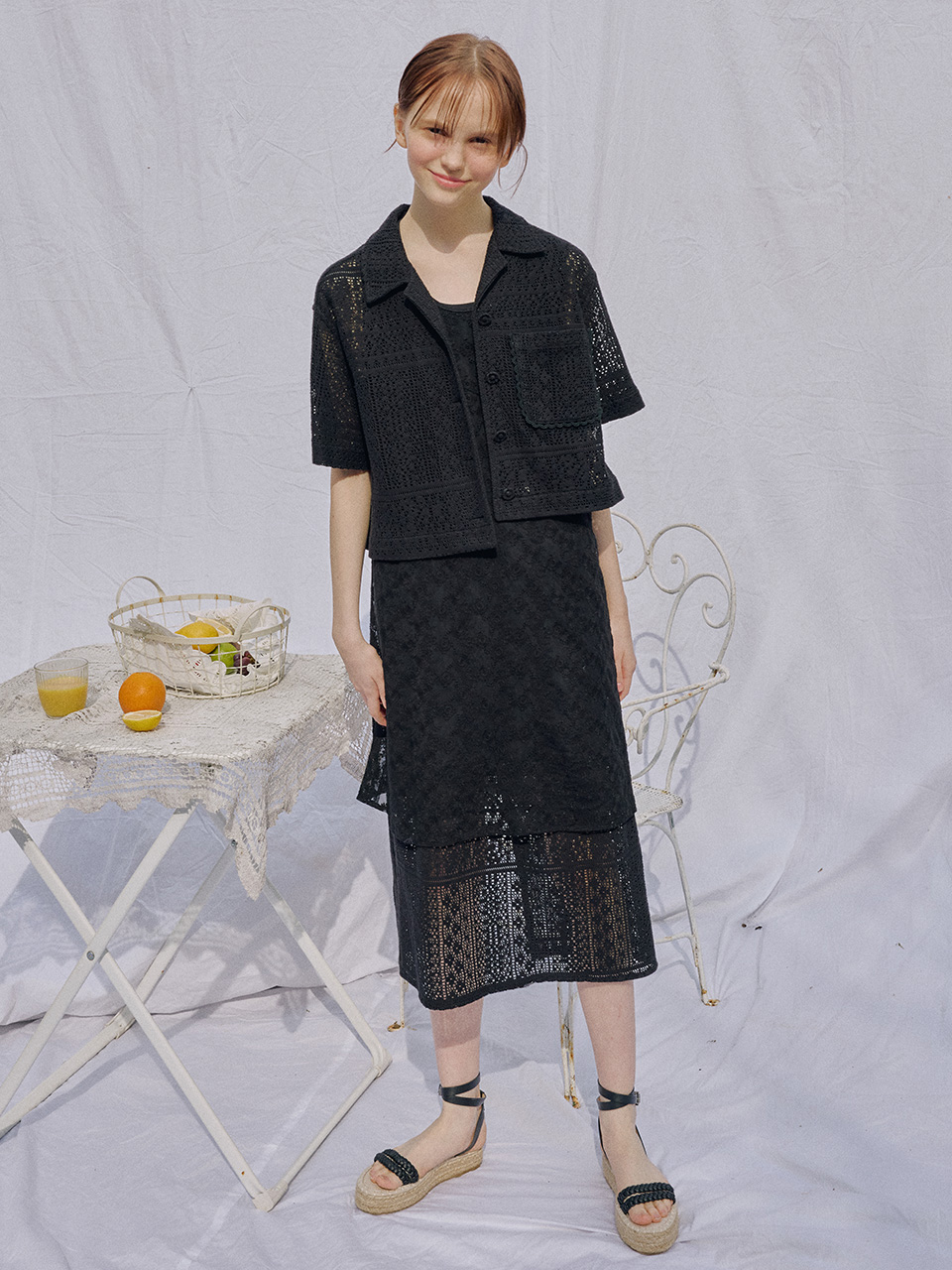 [IVORY 7/22 순차배송][SET] Lace Crop Shirt &amp; Layered Long Dress